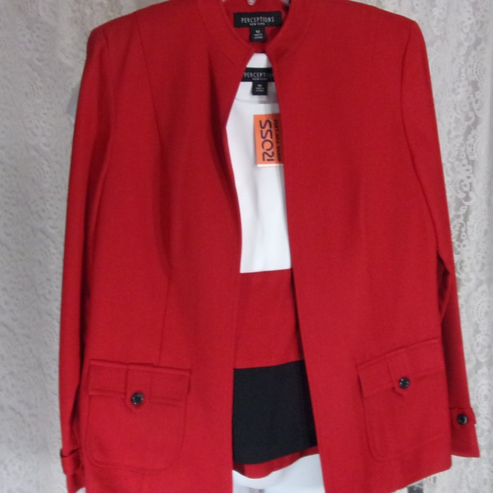 Perceptions Black white Red 3 pc Jacket Tank Pant Suit Size 12 NWT